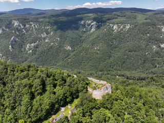 Fototapeta na wymiar Aerial view of the ruins of the Muran Castle above the village of Muran in Slovakia