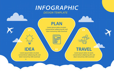 Infographic design template. Timeline concept with 3 options or steps template. layout, diagram, annual, airplanes, travel, report, presentation. Vector illustration.