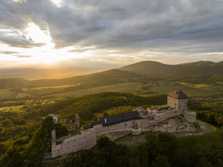 Fototapeta na wymiar Aerial view of Regec Castle in Hungary - sunset