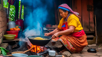 indigenous woman cooking traditional food - obrazy, fototapety, plakaty