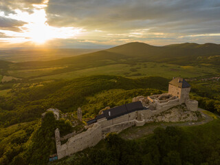 Fototapeta na wymiar Aerial view of Regec Castle in Hungary - sunset