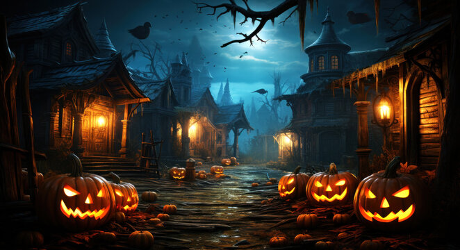 Spooky halloween night. Silent street of an ancient city -generative ai