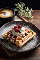 Waffle Delights: National Waffle Day's Scrumptious Treats with Coffee and White Sauce on a Dark Plate