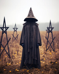 Warlock, wizard standing in a haunted field - Halloween scene - generative ai