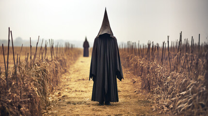 Warlock, wizard standing in a haunted field - Halloween scene - generative ai