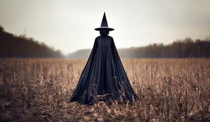Warlock, wizard standing in a haunted field - Halloween scene - generative ai