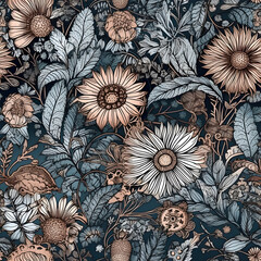 Metallic flowers seamless background repeating pattern, blues greys