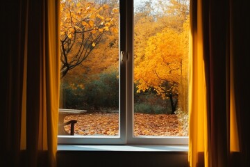 Window in room view on autumn park with fall leaves on the tree. autumn concept. created generative ai.