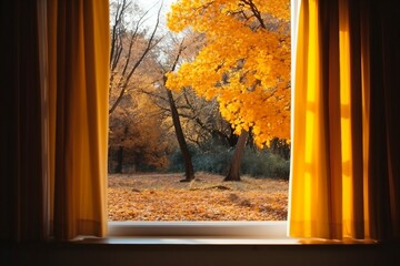 Window in room view on autumn park with fall leaves on the tree. autumn concept. created generative ai.