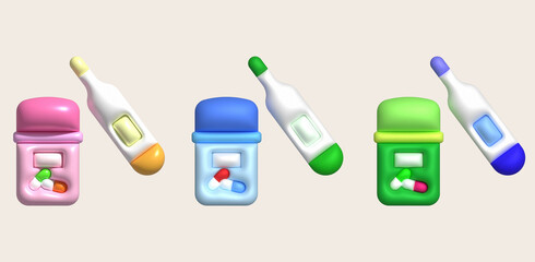 3D icon.Measurement thermometer and fever medicine bottle.