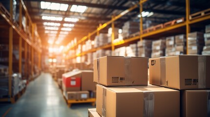 Retail warehouse full of shelves with goods in cartons, with pallets and forklifts. Logistics and transportation blurred background. Product distribution center. Generative ai