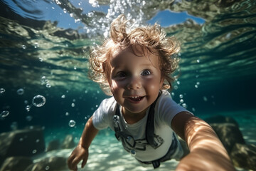 Adorable baby swiming underwater. Diving toddler. High quality photo wide angle lens daylight white,Generative ai - obrazy, fototapety, plakaty