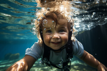 Adorable baby swiming underwater. Diving toddler. High quality photo wide angle lens daylight white,Generative ai - obrazy, fototapety, plakaty