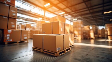 Retail warehouse full of shelves with goods in cartons, with pallets and forklifts. Logistics and transportation blurred background. Product distribution center. Generative ai