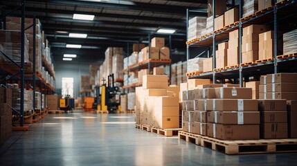 Retail warehouse full of shelves with goods in cartons, with pallets and forklifts. Logistics and transportation blurred background. Product distribution center.  - obrazy, fototapety, plakaty