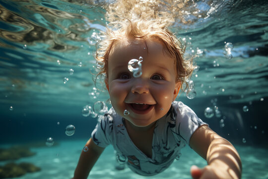 Adorable baby swiming underwater. Diving toddler. High quality photo wide angle lens daylight white,Generative ai