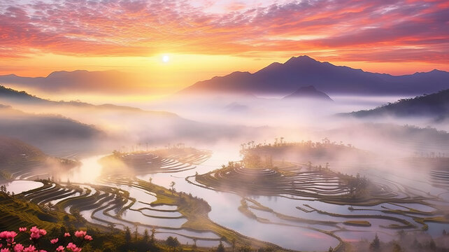 Heliocentric of Mu Cang Chai, a round circle terraced rice hill no house, Yen Bai, Viet Nam in misty sunset golden hours,generative ai