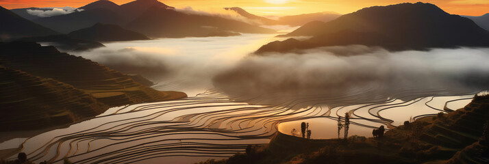 Heliocentric of Mu Cang Chai, a round circle terraced rice hill no house, Yen Bai, Viet Nam in misty sunset golden hours,generative ai