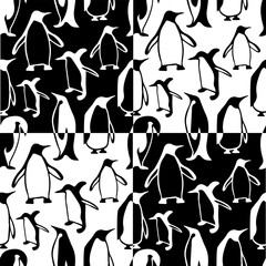 Seamless monochrome pattern with silhouettes of penguins in a checkered layout.