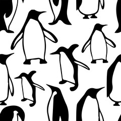 Penguin silhouettes, black and white seamless background, textile, decor.