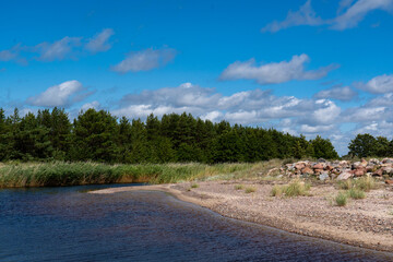 Fototapeta na wymiar River and sandy strand with forest and blue sky with clouds.