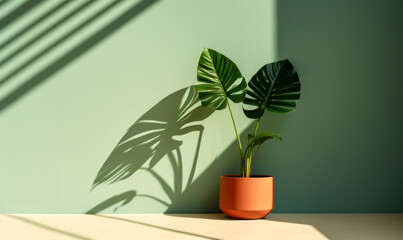 Plant in empty room. Minimalistic scene of shadow on wall and floor by plant