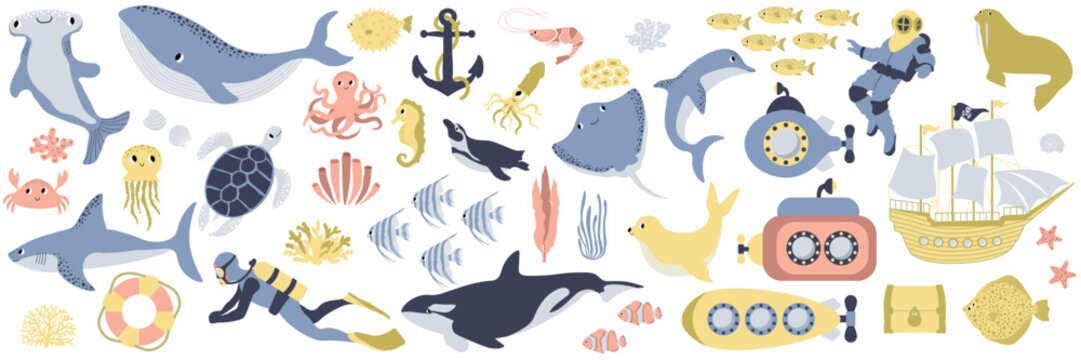 Vector ocean mega set with whale,turtle,jellyfish,shark,crab,octopus,diver,penguin,squid,dolphin,walrus,ship.Underwater animals.Illustration for fabric,childrens clothing,book,postcard,wrapping paper