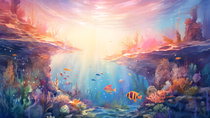 Obraz na płótnie Canvas ethereal watercolor fantasy underwater landscape Generative AI