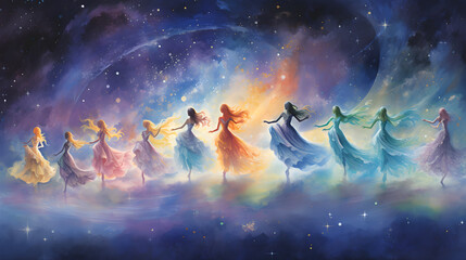 Obraz na płótnie Canvas celestial wooman dancing ethereal watercolor fantasy Generative AI