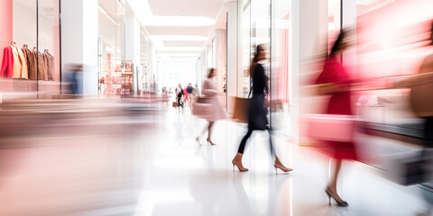 Blurred background of a modern shopping mall with some shoppers. Stylish women  looking at showcase, motion blur. Abstract motion blurred shoppers with shopping bags - obrazy, fototapety, plakaty