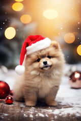 Fototapeta na wymiar Funny fluffy spitz wearing a red Santa hat on a festive Christmas background. Cute puppy sits on a snowy floor with baubles against bokeh lights.