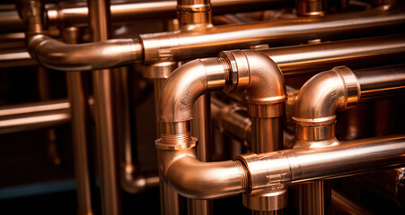 Plumbing service. copper pipeline of a heating system in boiler room. Plumbing, fixing pipes and fittings for connection of water or gas systems - obrazy, fototapety, plakaty