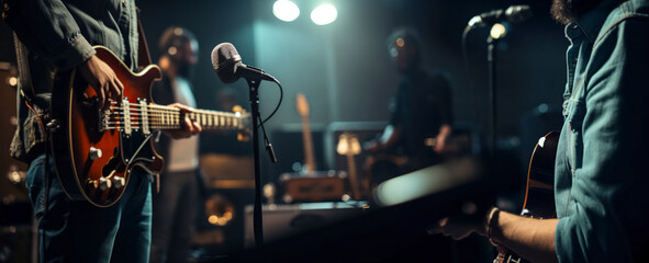 Music band group perform on a concert stage. Guitarist on stage for background, soft and blur concept. Music band performing in a recording studio. digital ai

