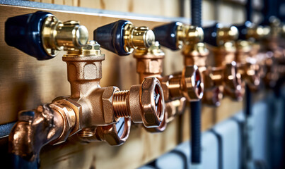 Plumbing service. copper pipeline of a heating system in boiler room. Plumbing, fixing pipes and fittings for connection of water or gas systems