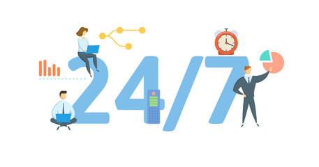 24 by 7. Concept with keyword, people and icons. Flat vector illustration. Isolated on white.