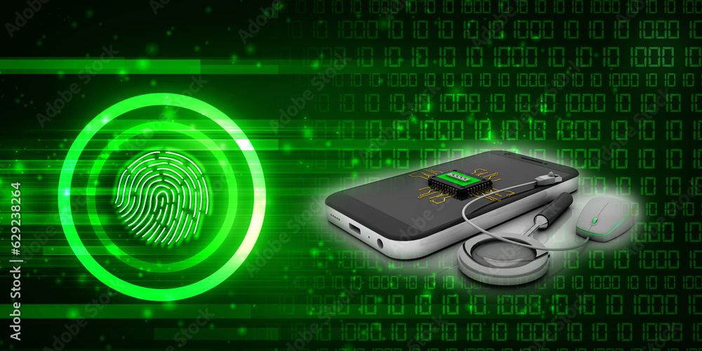 Poster 3d rendering microchips on mobile phone connected mouse search concept