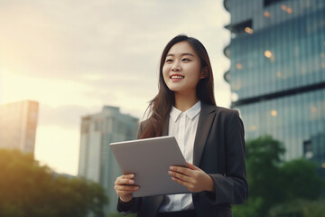 Smiling young Asian business woman leader entrepreneur, professional manager holding digital tablet computer generative ai