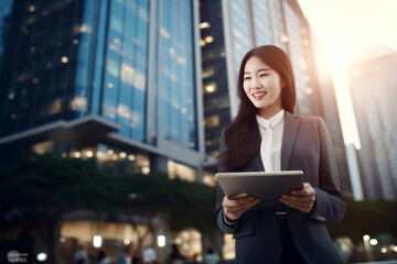 Smiling young Asian business woman leader entrepreneur, professional manager holding digital tablet computer generative ai
