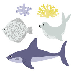 Cute vector ocean set with flounder, shark, seal, seaweed.Underwater cartoon creatures.Marine animals.Cute illustration for fabric, childrens clothing,book, postcard,wrapping paper