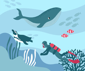 Vector ocean illustration with diver, penguin, clown fish, algae, corals.Underwater marine animals. Diving. Ecology design for banner,flyer,postcard, website design,poster
