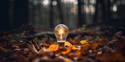 Light bulb among dry leaves in autumn woods ground. Alternative sustainable renewable energy source. Green energy banner.