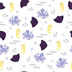 Vector seamless pattern with seahorse, octopus, devilfish.Underwater cartoon creatures.Marine background.Cute ocean pattern for fabric, childrens clothing,textiles,wrapping paper