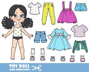 Cartoon girl with black ponytails hairstyle  and clothes separately - dress, jeans and boots doll for dressing