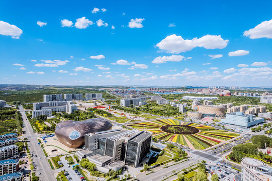 Aerial photo of Genghis Khan Square, Kangbashi, Ordos, Inner Mongolia, China