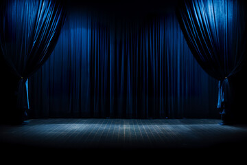 Empty theater stage with blue velvet curtains. luxurious blue stage curtain