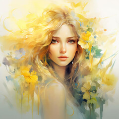 Portrait of a Beautiful Woman on Pastel Yellow Watercolor Background. Generative AI