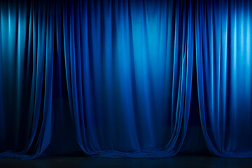 Empty theater stage with blue velvet curtains. luxurious blue stage curtain