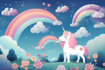 Illustration of a majestic unicorn standing in a vibrant green field created with Generative AI technology