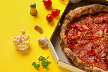Cardboard box with delicious pepperoni pizza and ingredients on yellow background