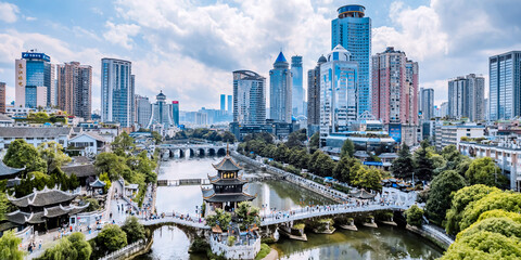 Aerial photography of Jiaxiu Tower and urban skyline in Guiyang, Guizhou, China